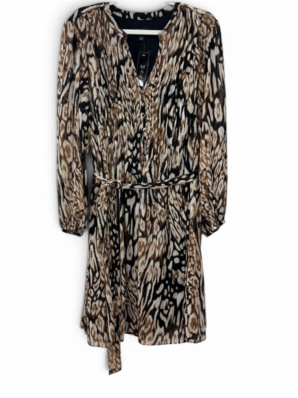 MSK Brown Black Cream Animal-Print Long Sleeve w/ Pleated & Botton Down Top -20W